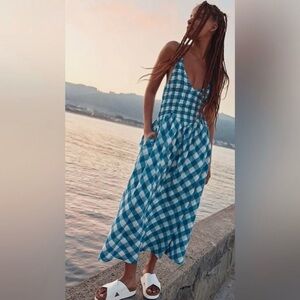 Free People Vera Checkered Midi Dress, Blue, Size L
